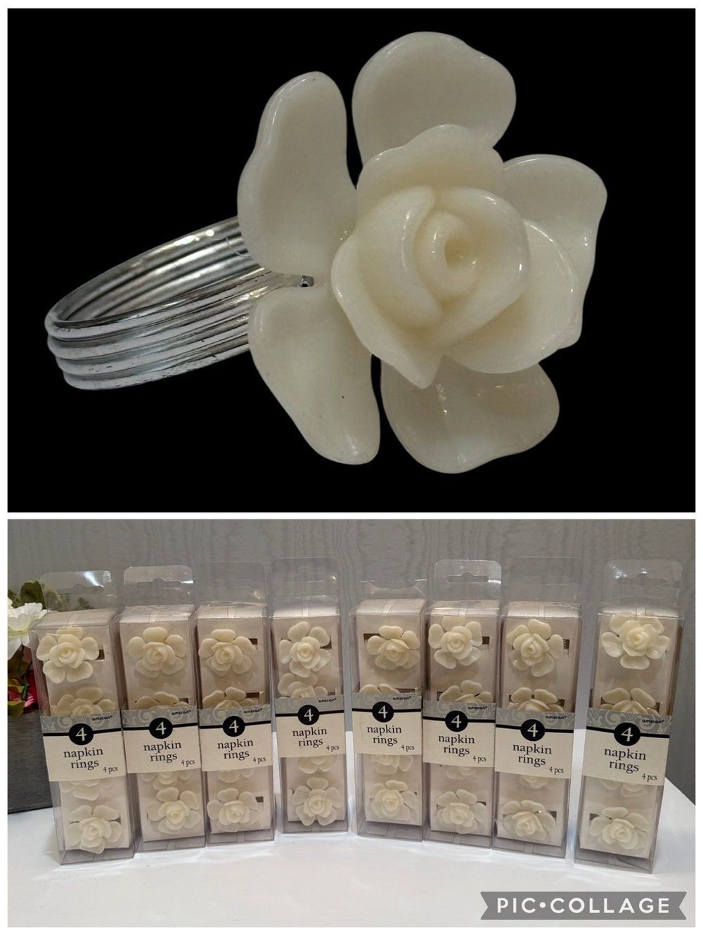 Lot of 8 NIB Amscan Cream Flower Napkin Rings Wedding Table Decor 32 Total